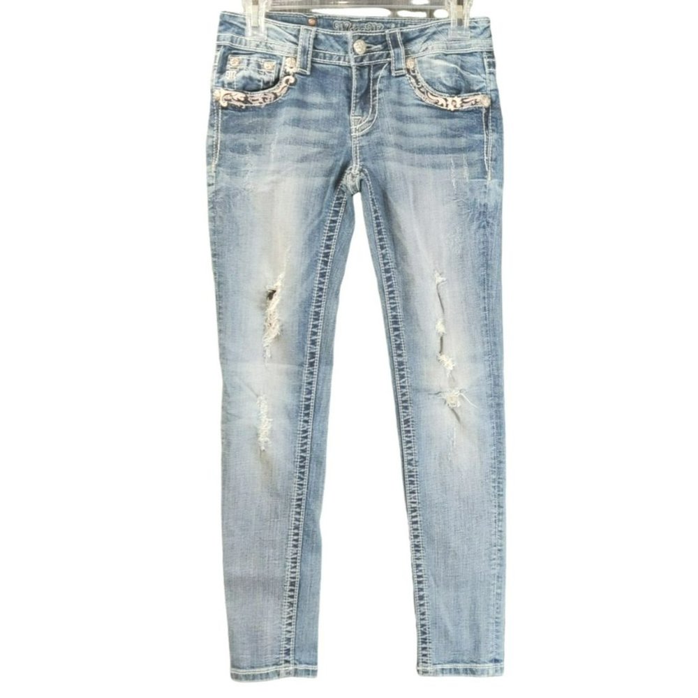 Miss Me Jeans Size 26 Distressed Ankle Skinny Rhinestones Leather Appliques